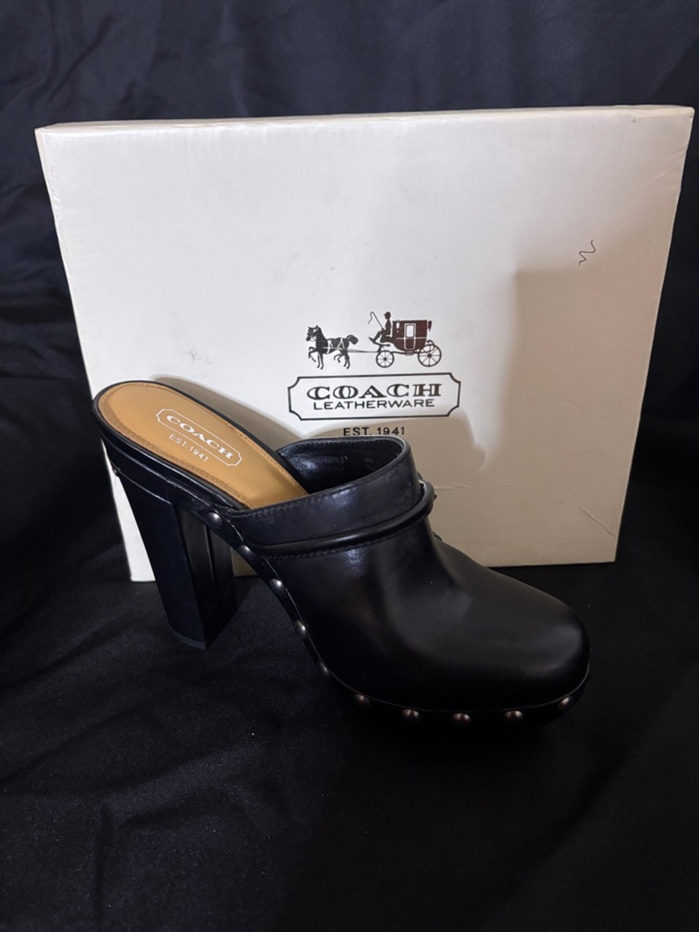 Coach Black Leather Studded Clog Mules